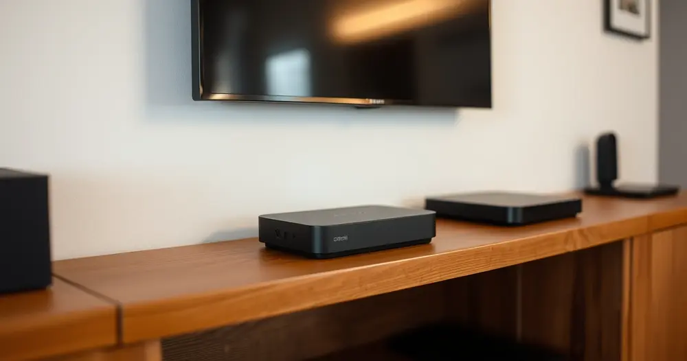 Aparelho de streaming preto sobre prateleira de madeira abaixo de televisão