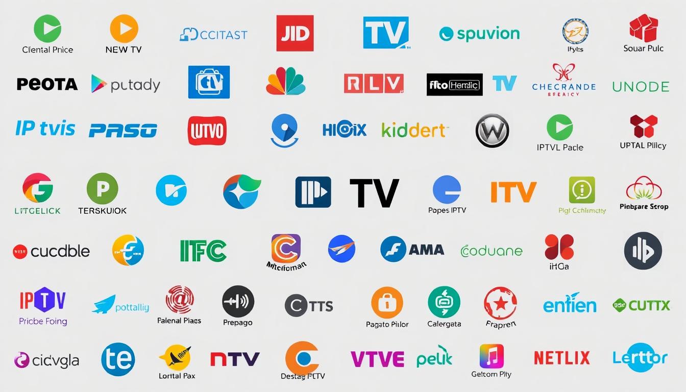 A high-quality, detailed image of a diverse collection of IPTV service logos and icons arranged in a grid-like layout. The logos should be crisp, vibrant, and visually appealing, capturing the essence of various popular IPTV providers. The background should be a clean, minimalist white or light gray tone, allowing the IPTV logos to stand out prominently. The overall composition should convey a sense of professionalism, practicality, and accessibility, reflecting the subject of the article,